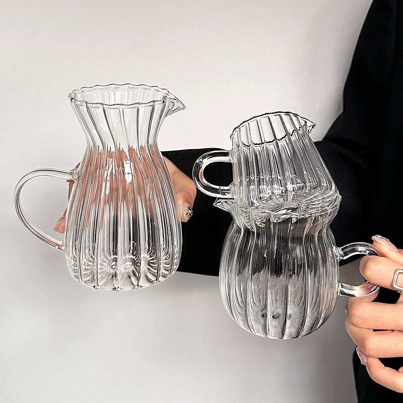 Espresso Extraction Pot, Japanese-Style Handmade Striped High-Temperature Resistant Glass Milk Pot, Hand-Brewed Coffee Sharing Pot