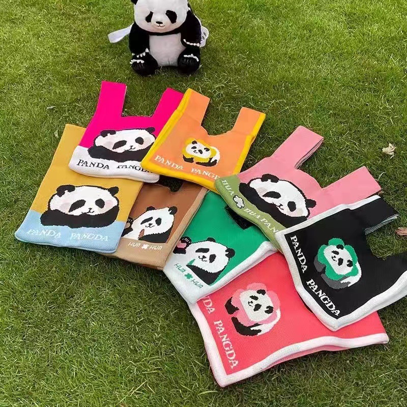 2024新款熊猫针织手提包韩版百时尚托特包手拎包大容量休闲购物袋