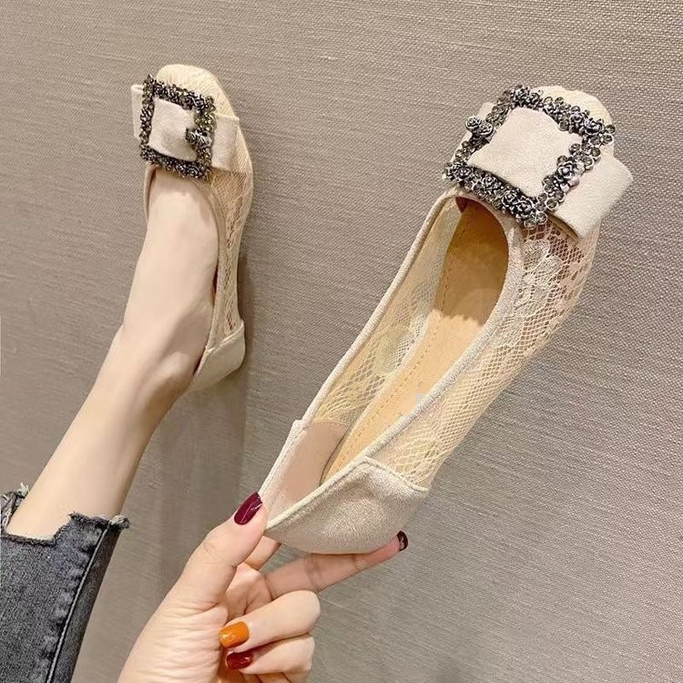 Zapatos de malla de encaje transpirables para mujeres 2026 verano superficial cabeza cuadrada de diamante para mujeres zapatos de suela suave zapatos de frijol
