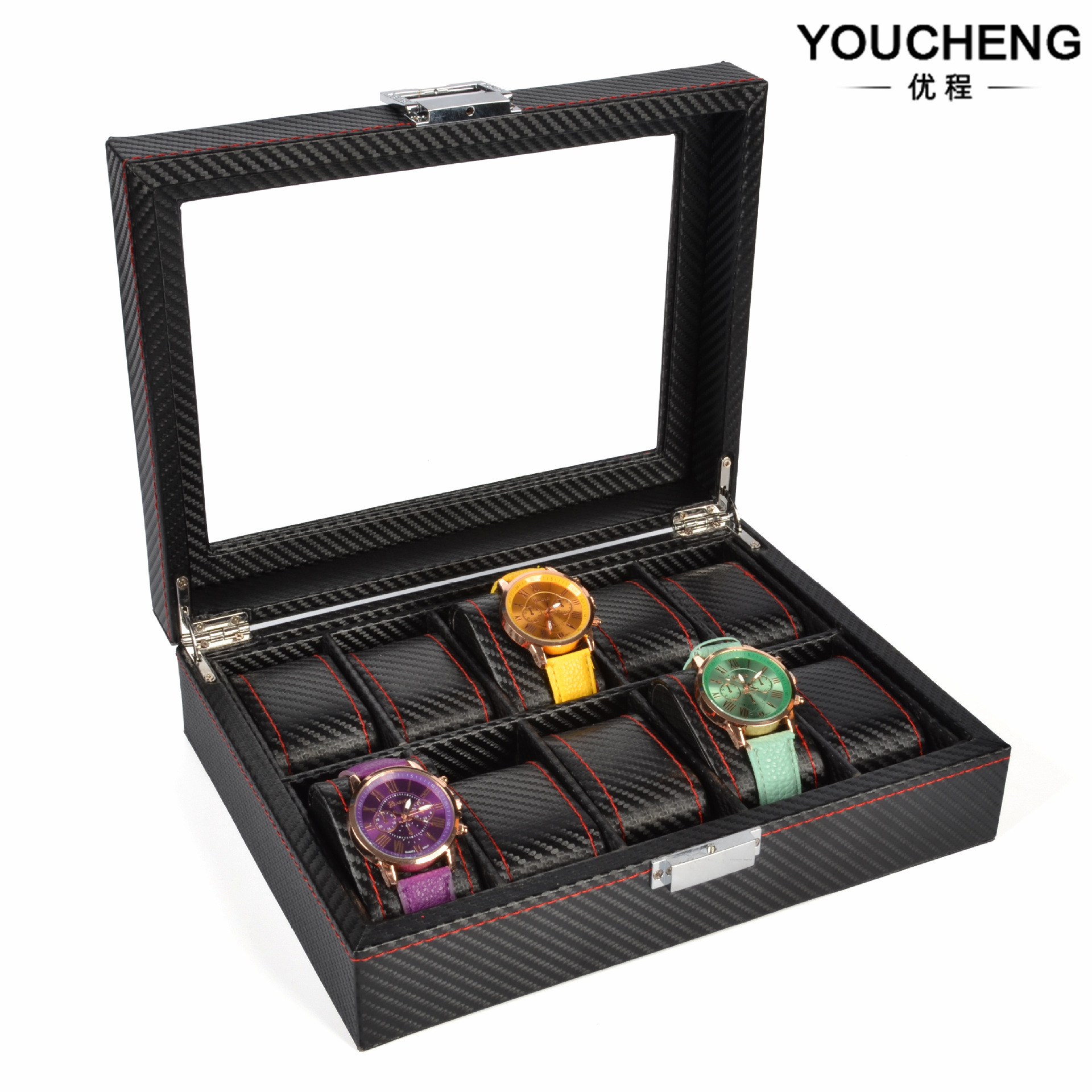 手表盒厂家现货批发碳纤维10位手表盒pu皮革手表收纳盒首饰手表箱