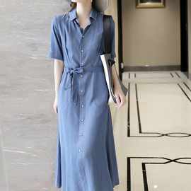 日系时尚减龄收腰系带舒适天丝薄款2021夏季中长款牛仔裙连衣裙女