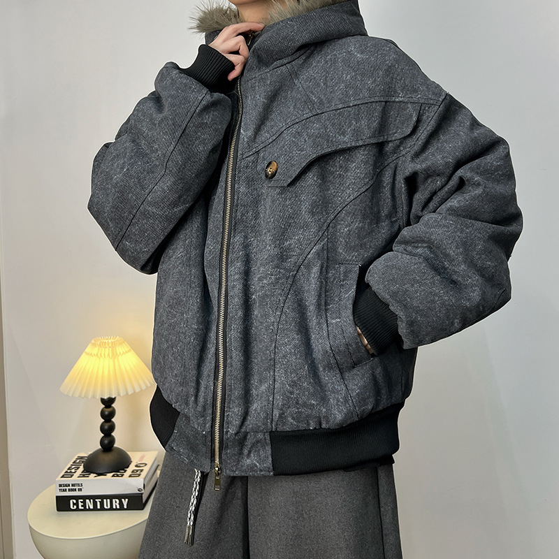 Winter Popular Style Men's Hooded Fur Collar High-End Fleece-Lined Thickened Cotton Jacket New Coat