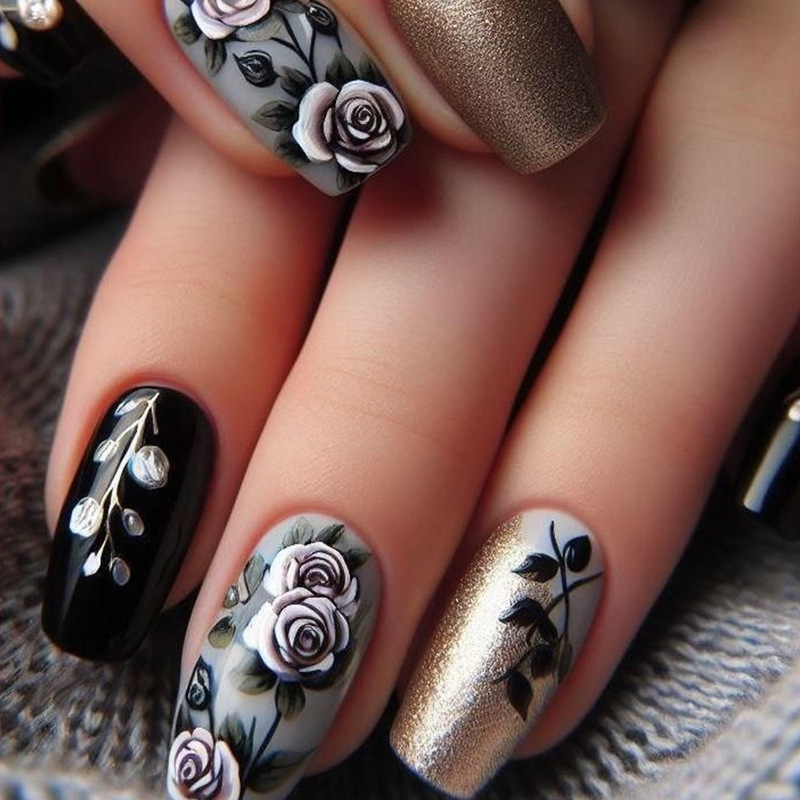 Dark Rose Nail Nails Golden Glitter False Nail Patch Wholesale Cross-border Hot Selling Retro Wear Nails