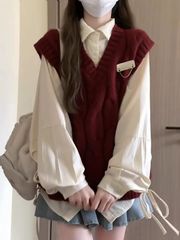 学院风红色慵懒复古衬衫叠穿马甲两件套初秋v领宽松无袖针织背心