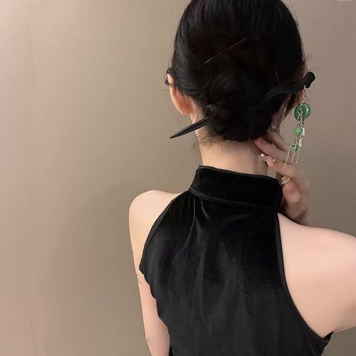 New Chinese style sandalwood tassel hairpin for women summer antique cheongsam hairpin plate hairpin rocking niche wooden peachwood hairpin