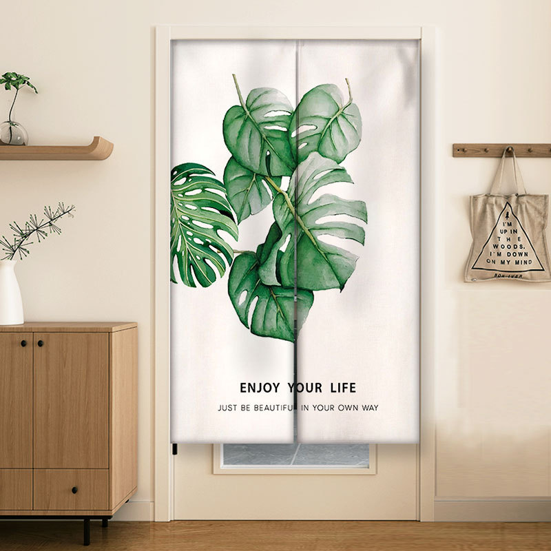 Minimalist Green Plant-Themed Door Curtain for Bedroom and Living Room, Faux Linen, No-Drill Installation, Light-Blocking and Sunshade Curtain for Kitchen Partition