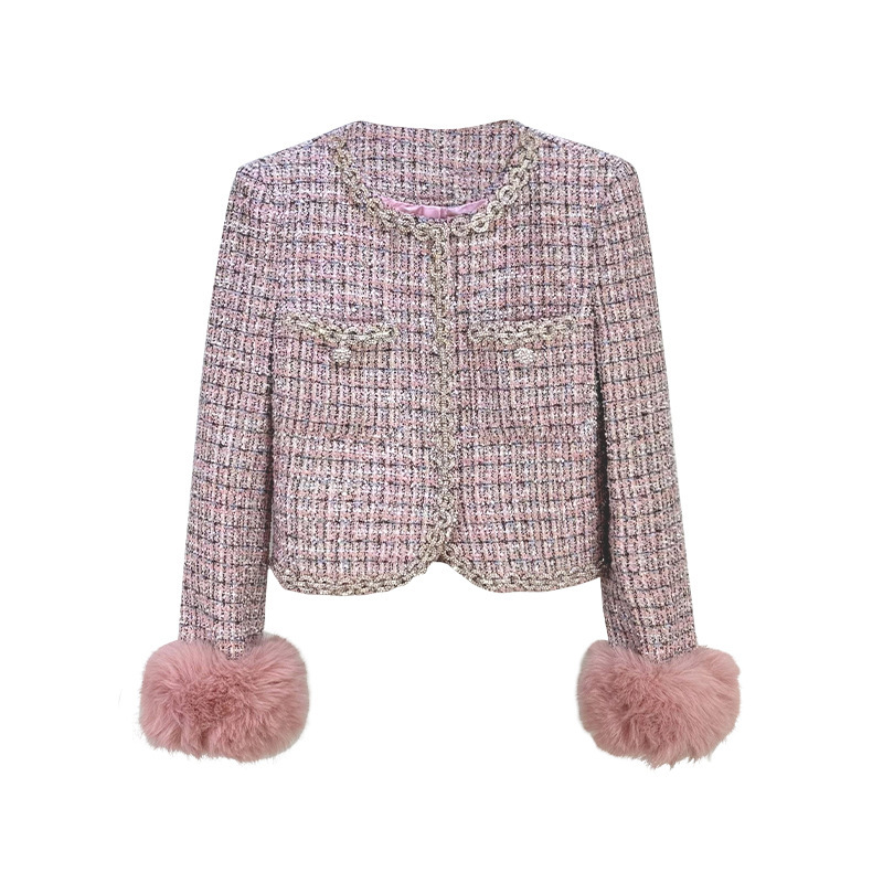 A Chanel-pired, Luxurious Tweed Jacket With Rhinestone Embellishments And Fur Sleeves, Perfect For A Sophisticated, Wealthy Socialite. (Pair With A Skirt)