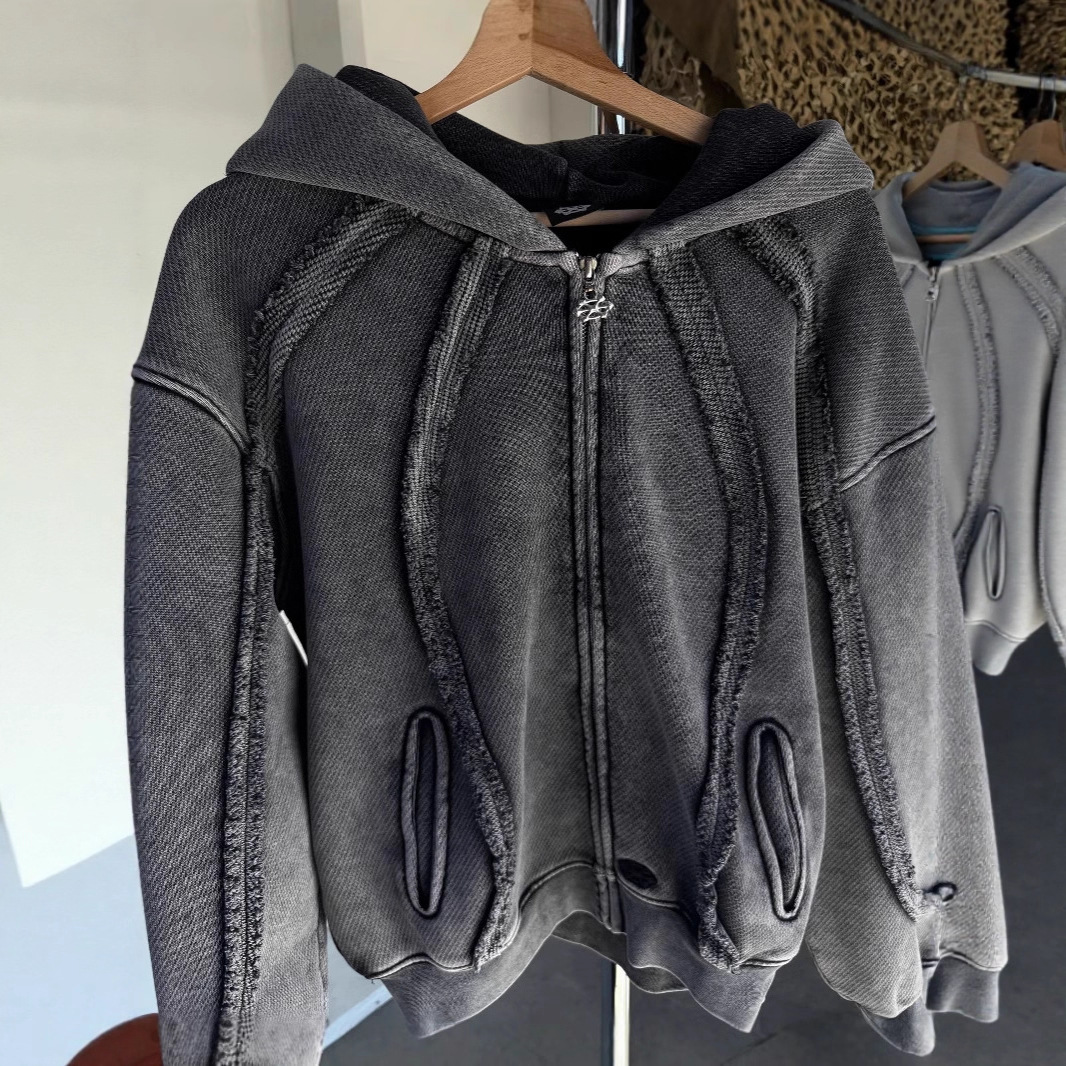 亚马逊2025欧美秋冬季新款重磅水洗潮牌高街个性拉链连帽卫衣批发