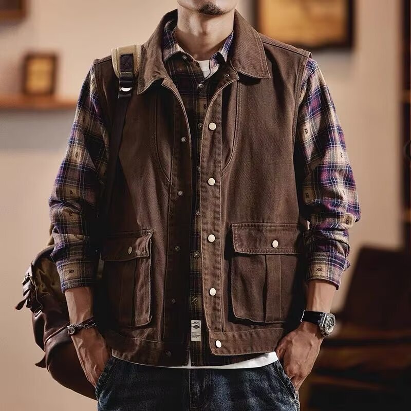 American Retro Workwear Vest for Men, Spring and Autumn Outdoor Mountain-Style Tactical Loose Denim Vest Jacket, Large Size American Retro Workwear Vest for Men, Spring and Autumn Outdoor Mountain-Style Tactical Loose Denim Vest Jacket, Large Size