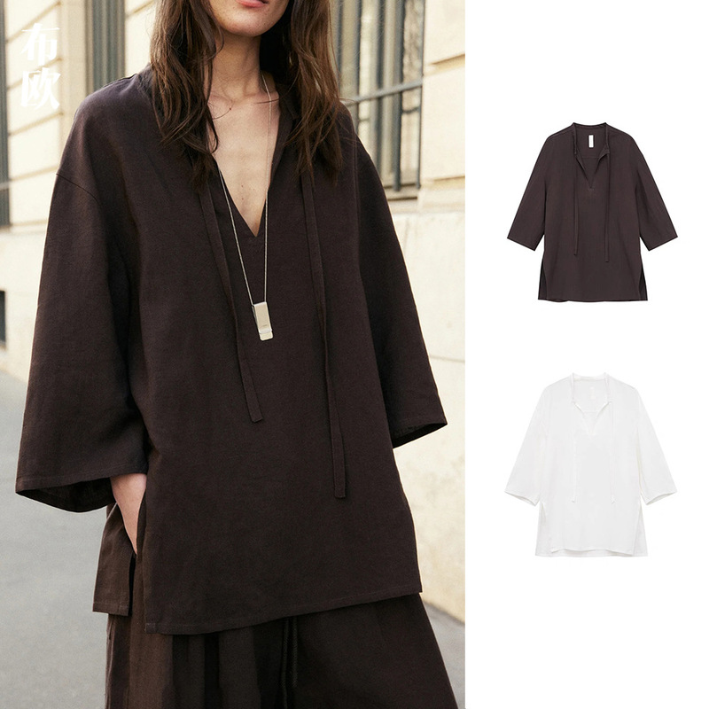 [Clearance, No Returns or Exchanges] "68% Tencel 32% Linen Fabric" Simple Loose Lazy V-Neck Shirt with Ribbon
