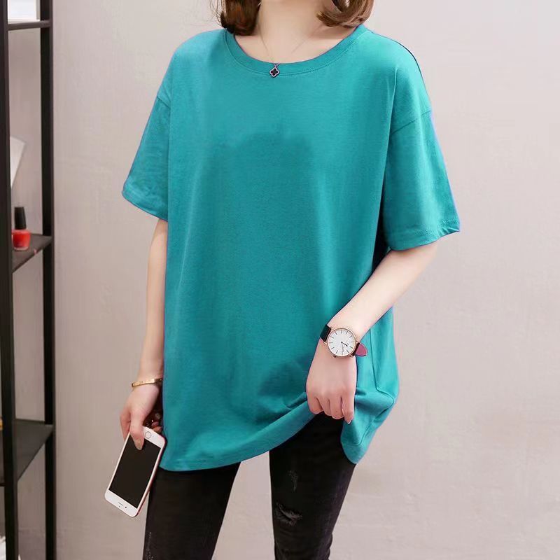 短袖 t恤加大200斤纯棉夏季大码中长款体恤宽松圆领纯色胖妹妹T女