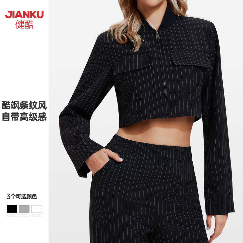 Cross-Border New Style Short Blazer for Women, Loose Fit, Slimming Casual Fitness Jacket, Relaxed Style, Spring and Summer Striped Shirt Cross-Border New Style Short Blazer for Women, Loose Fit, Slimming Casual Fitness Jacket, Relaxed Style, Spring and Summer Striped Shirt