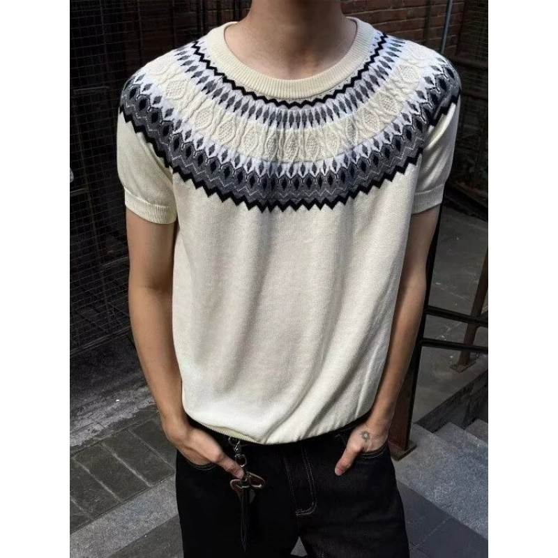 Американский ретро чистый этнический стиль, вязаная мужская летняя футболка с короткими рукавами, высококачественная футболка с половиной рукавов для пар, топ