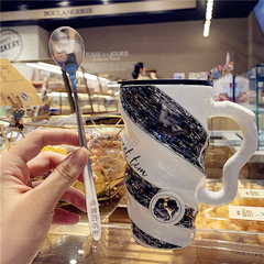 創意男女士辦公室陶瓷杯情侶手柄帶蓋勺咖啡杯喝水家用牛奶馬王金