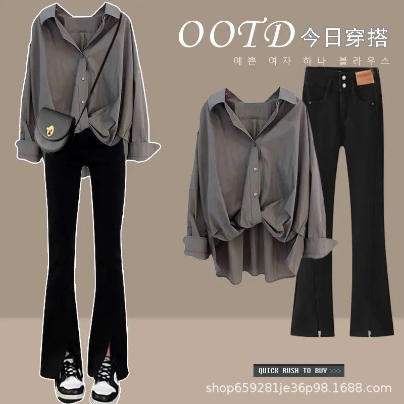 Autumn Suit for Women 2025 New Fashion Wear Loose Slim Shirt with Bootcut Jeans Two-Piece Set