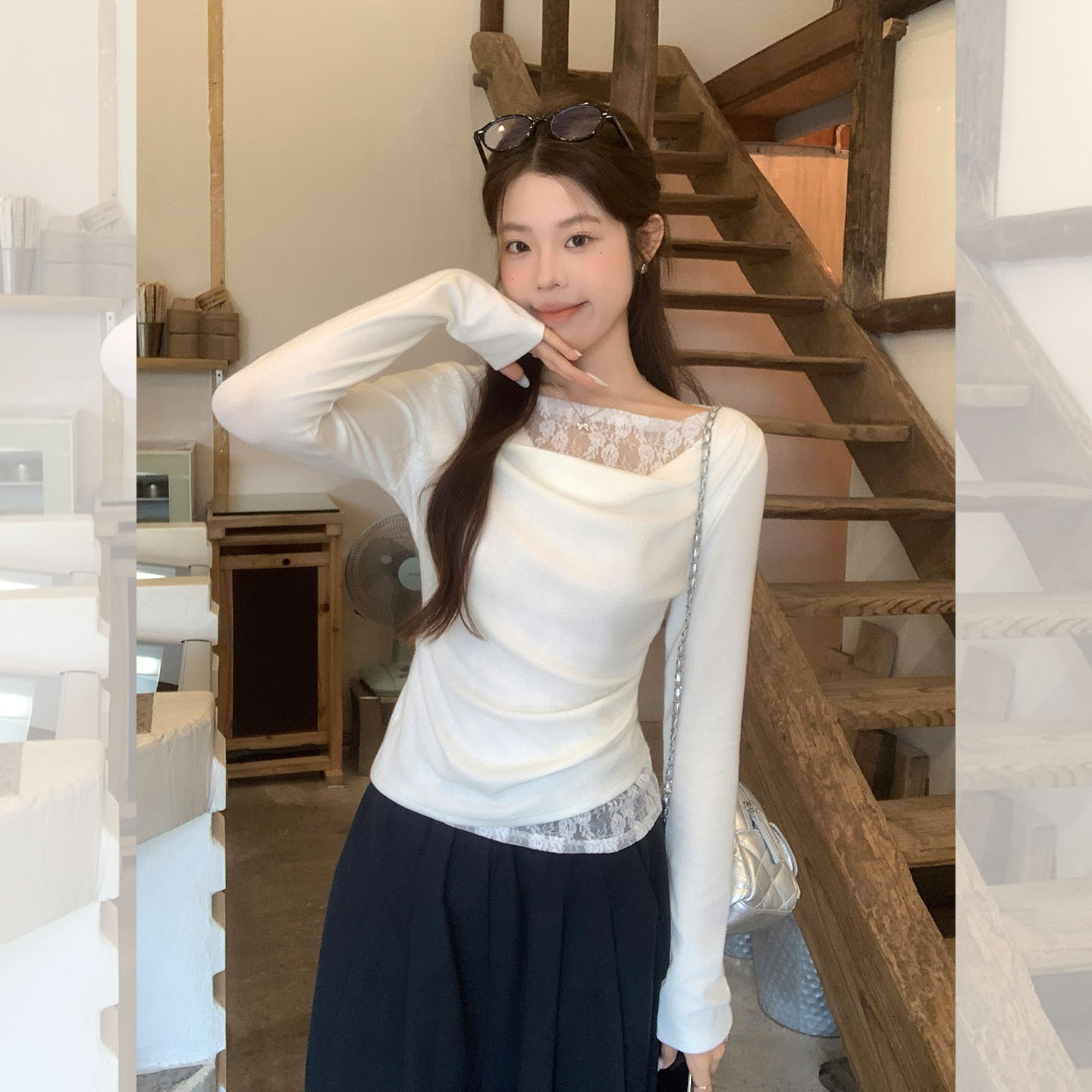 화이트 스윙 칼라 레이스 페이크 투피스 긴팔 티셔츠 여성 초가을 이너웨어 베이스 레이어 슬림 웨이스트 탑
