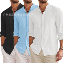 春季欧美外贸男士休闲宽松衬衣男潮立领长袖纯色衬衫大码男装