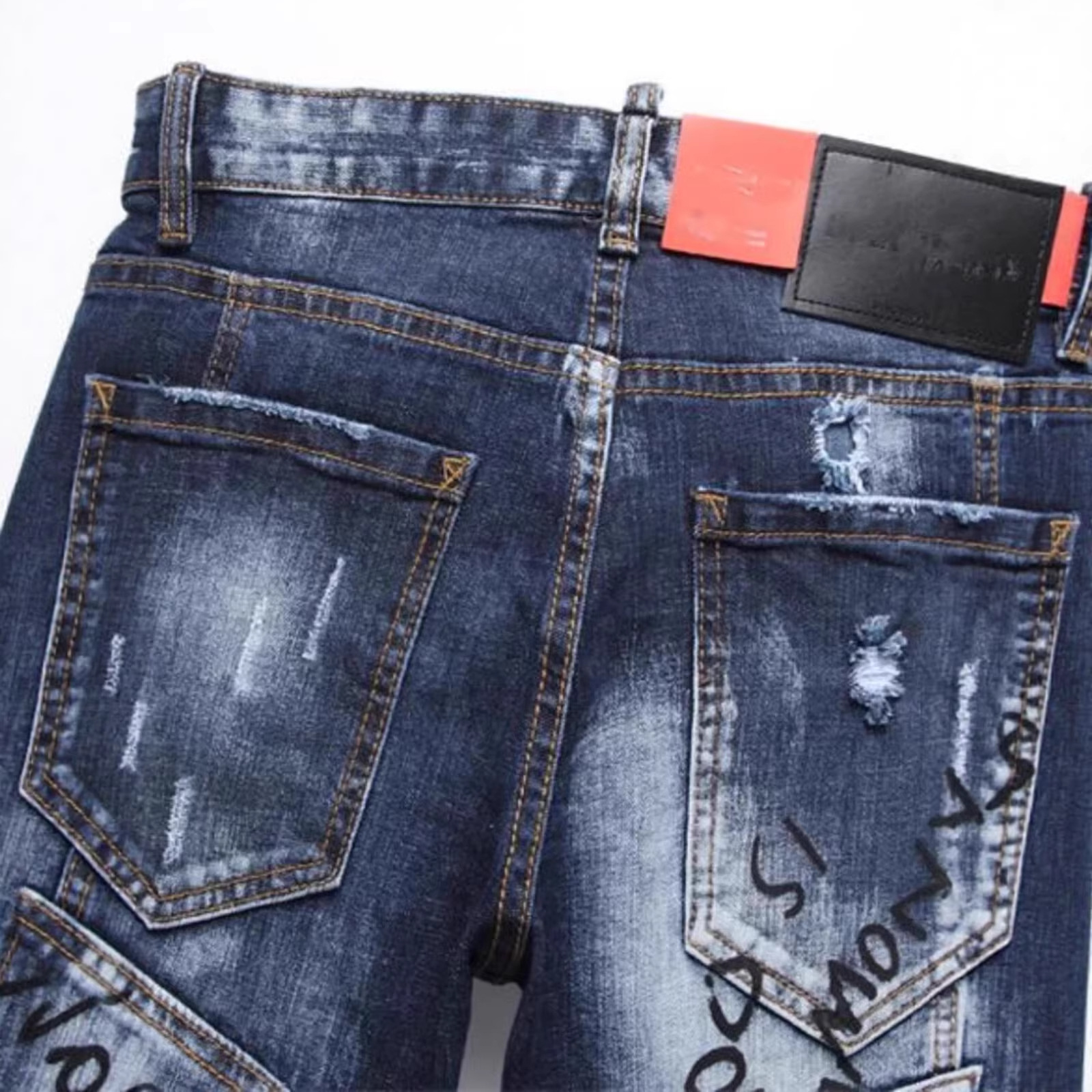 Retro Inspired Ripped & Patched Men's Jeans Stylish Embroidery Tapered Sole mid Waist Cotton Long Black/Gray/Blue Non-Stretch_mkmklike.com