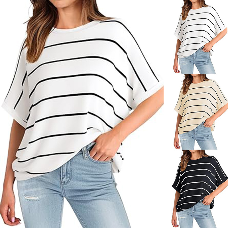 Amazon European and American Cross-Border 2025 Summer Striped Top Batwing Short-Sleeved Shirt Round Neck Casual Loose Shirt