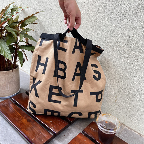 12281 Korean Same Style Letter Logo Leisure Style Large Capacity Shopping Bag Canvas Bag Wholesaling Three Colors Included