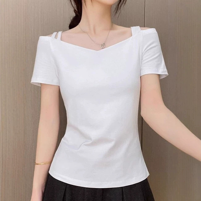 V-neck off-shoulder short-sleeve T-shirt for women, with a unique design featuring single or double shoulder straps, slimming and backless, new trendy summer 2026 style