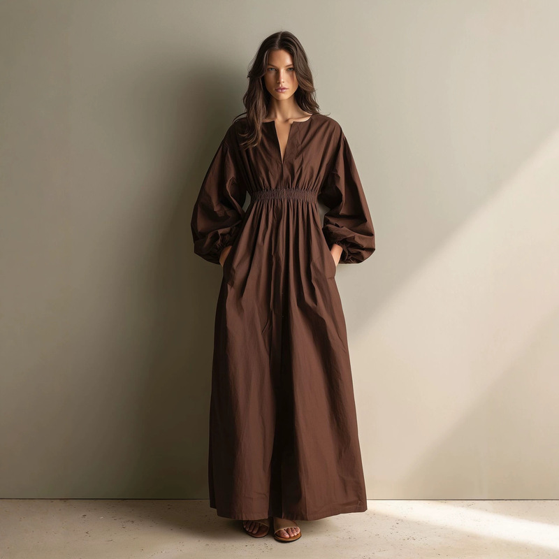 2026 Summer New Style European and American Resort Style Loose V-Neck Long-Sleeved Pure Color Long Dress for Women with Elegant and Flowing Style L Dress