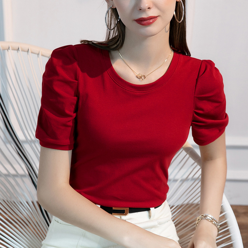 Summer New French Round Neck Puff Sleeve T-shirt Women's Short Sleeve Pure Cotton Western Style Solid Color Lantern Sleeve Top Summer New French Round Neck Puff Sleeve T-shirt Women's Short Sleeve Pure Cotton Western Style Solid Color Lantern Sleeve Top