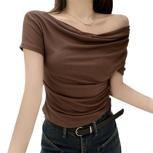 Korean Pure Desire Style Pile Collar Pleated Short Sleeve Top for Women - Summer One-Shoulder Fitted Versatile Top