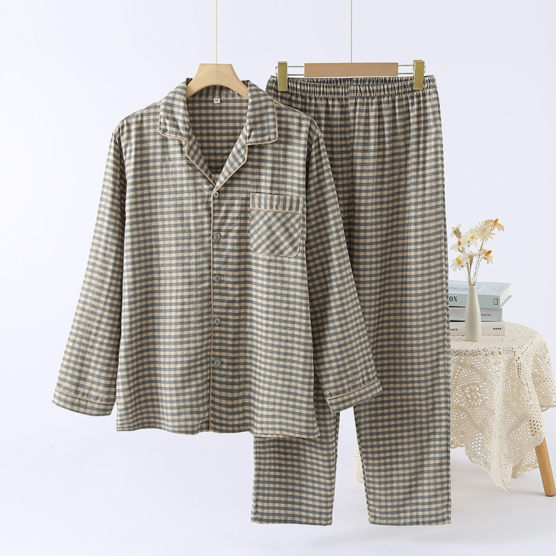 Men's Pajamas Yarn-dyed Double-layer Pure Cotton Non-print Japanese-style Plaid Home Wear Long-sleeved Trousers Spring Summer Autumn Thin Home Wear