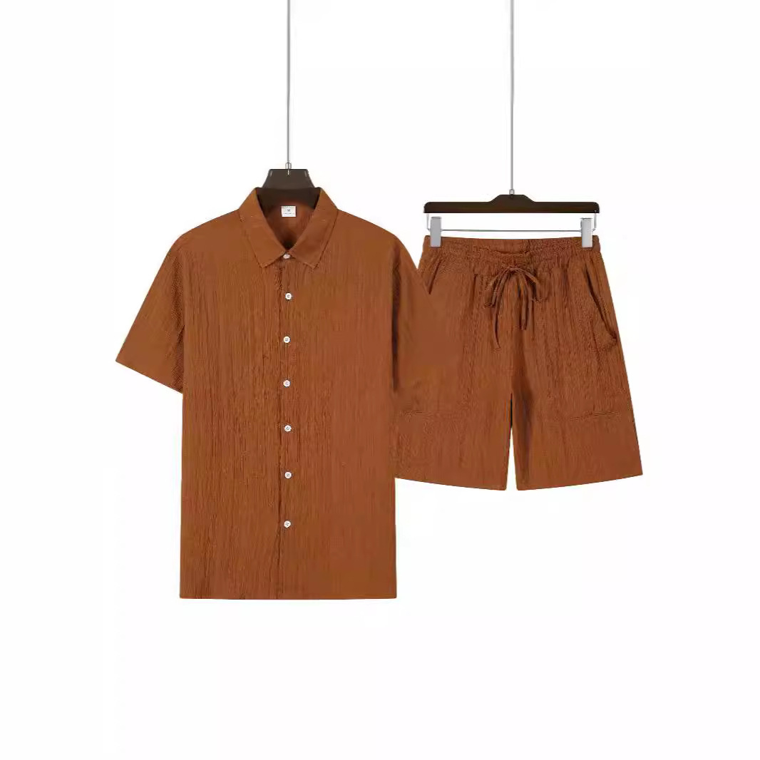 AliExpress 아마존 대외 무역 남자 해변 캐주얼 스포츠 반팔 셔츠 반바지 세트 큰 포켓 유럽 크기