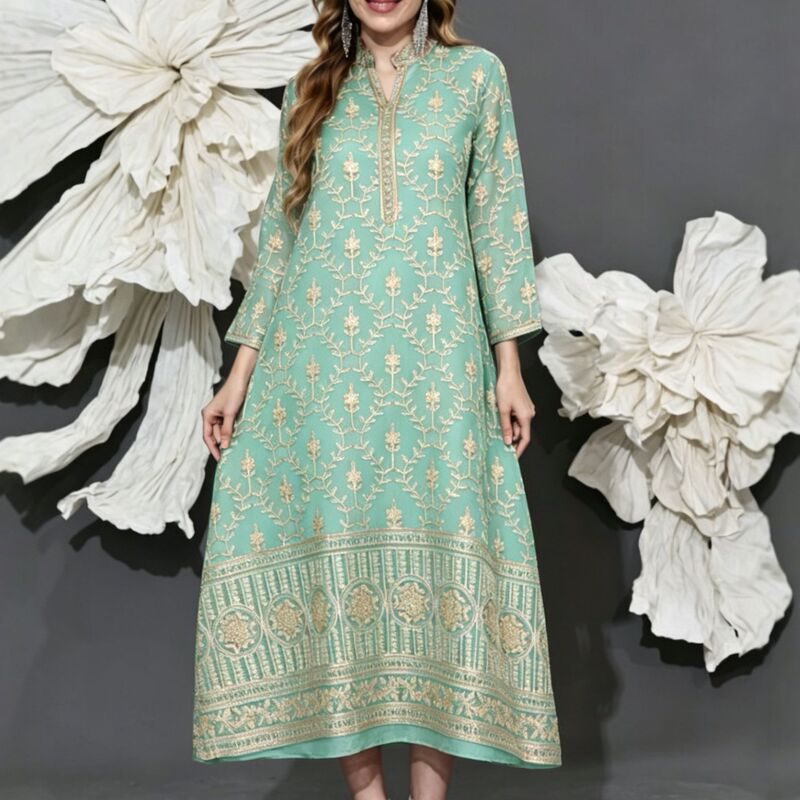 M25080V Collar Long-Sleeved Embroidered Maxi Dress for Women Summer New Style Embroidered Green Elegant Style Dress M25080V Collar Long-Sleeved Embroidered Maxi Dress for Women Summer New Style Embroidered Green Elegant Style Dress