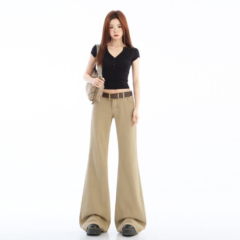 Orange Silk Women's Clothing # Khaki Bootcut Jeans for Women 2025 Autum American Retro Low-Waist Narrow Version Slim Flared Pants