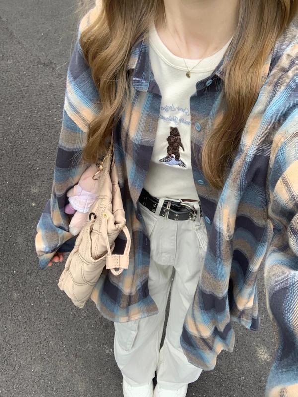 美式复古撞色格子衬衫早春外套女2025新款感宽松长袖衬衣上衣百搭|undefined