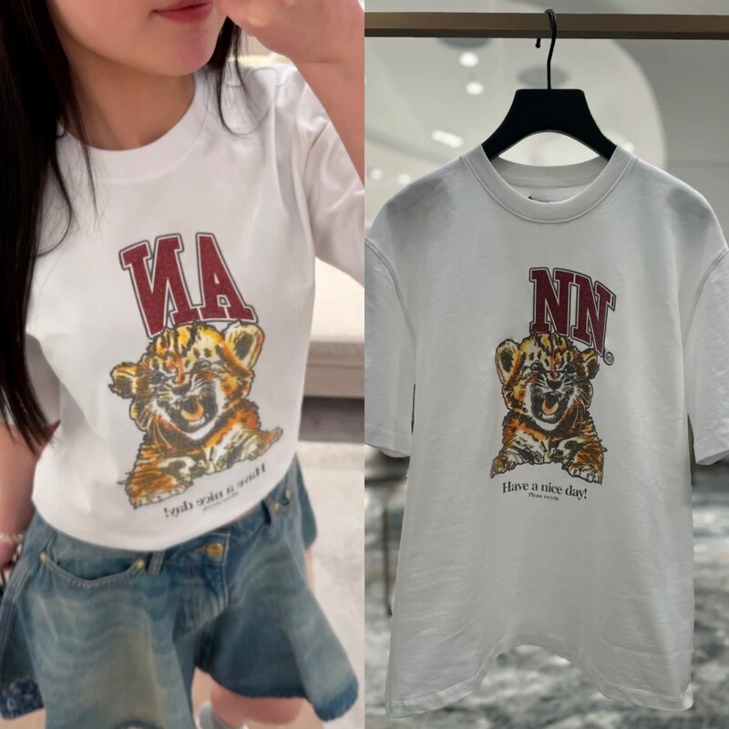 26 Early Spring Blogger's Same Style Letter Tiger Print Pure Cotton Round Neck Short Sleeve T-Shirt Women's Versatile Top