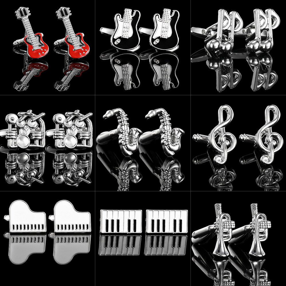 Moda europea y americana nota musical conjunto tambor violín piano guitarra forma metal mancuernas francés camisa mancuernas en stock