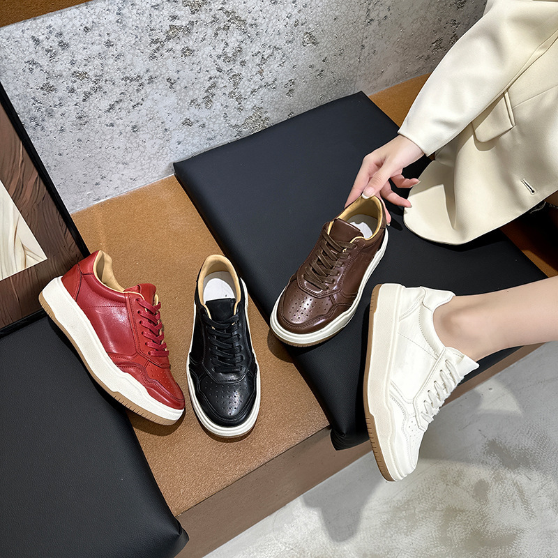 Washed Horsehide White Shoes for Women 2025 Autum New Thick-Soled Sports Casual Shoes Versatile Low-Cut Sneakers Manufacturer