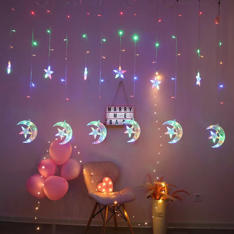 Suministro directo de fábrica LED Cadena de luz Luna celebración estrella cortina luz vacaciones habitación diseño decorativo luz estrellada cielo plug-in color luz