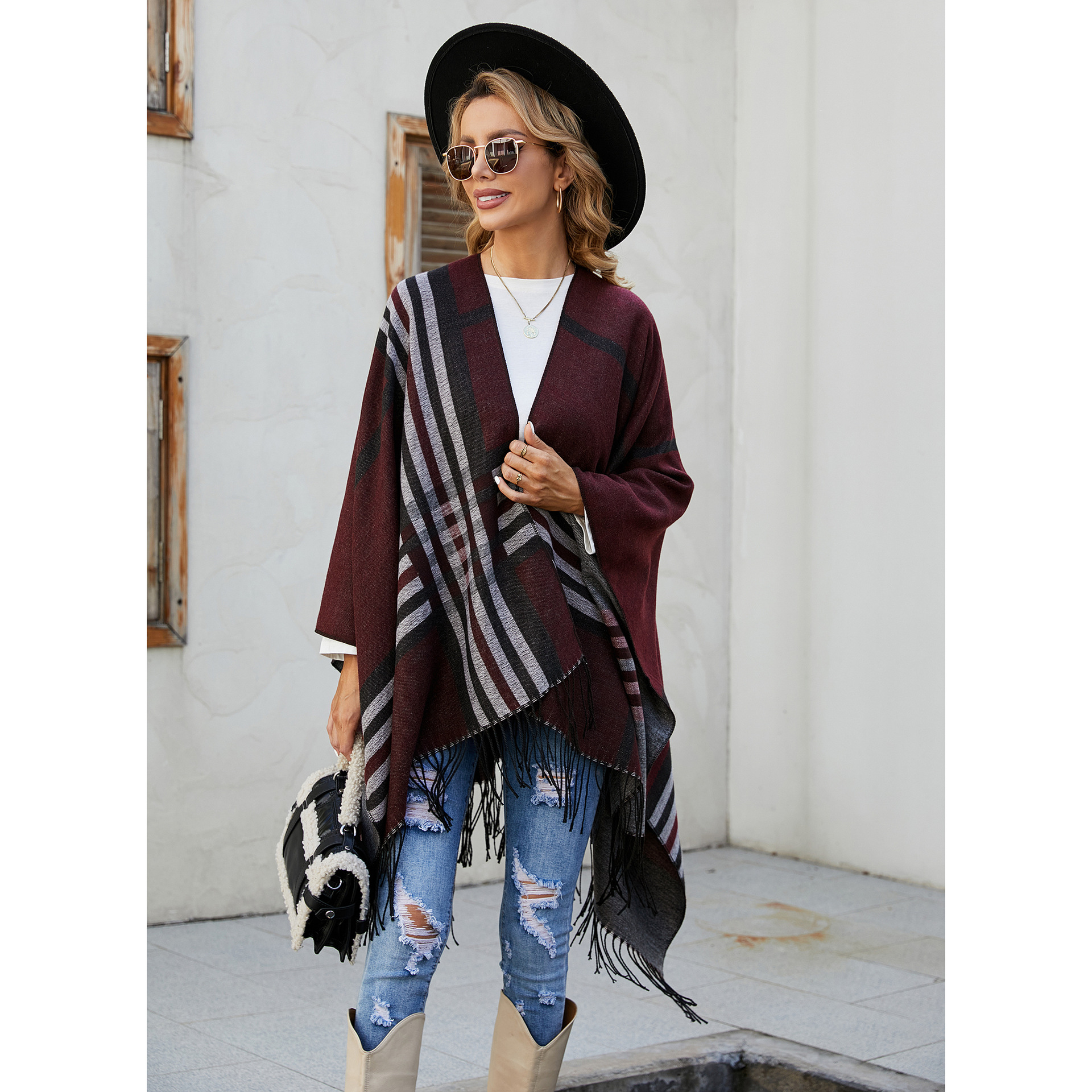 Mantón de las mujeres de primavera, Otoño e Invierno split elegante desgaste exterior de gran tamaño de Cachemira borla a rayas de Europa y América nueva moda Cabo