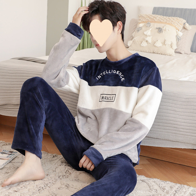 남성용 잠옷 겨울 플란넬 플러스 벨벳 두꺼운 프리미엄 양면 벨벳 겨울 청소년 남성용 홈웨어 세트