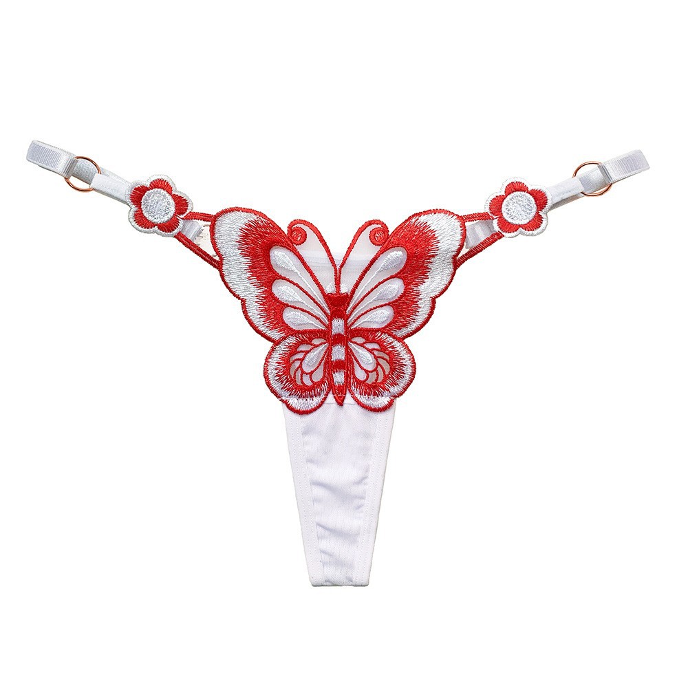 Butterfly Embroidered See-Through Thong for Women, Low-Waist T-Back, Dark Green — detail image 10