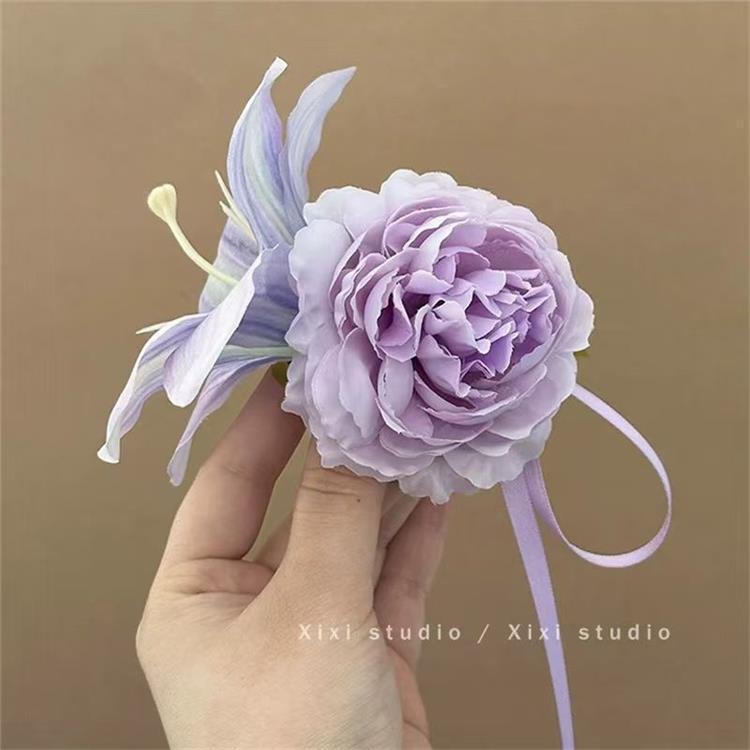夏の優しい紫色の牡丹の花のリボンリボンヘアピンフォレストスタイル甘い模擬花サイドクリップ雰囲気帽子|undefined