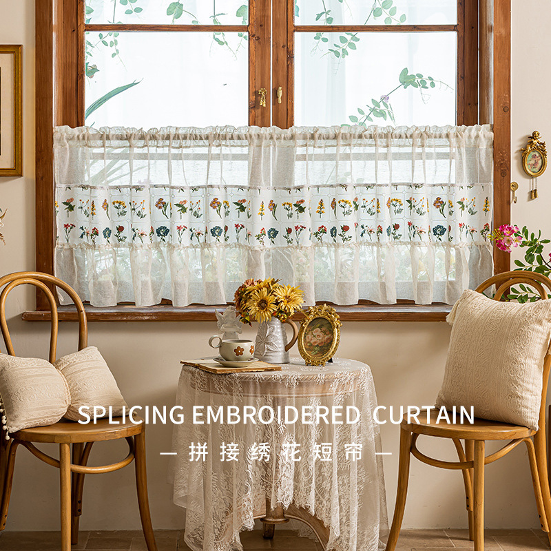 Beautiful and Popular Fabric Curtains, Fresh Patchwork Embroidered Short Curtains, Rod-Type Door Curtains, Small Window Curtains, Exquisite Embroidered Short Curtains