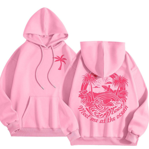 2025 Spring and Autumn Fleece Women's Hooded Sweatshirt with Ribbed Cuffs and Hem, Loose and Warm Hooded Sweatshirt for Women with Print