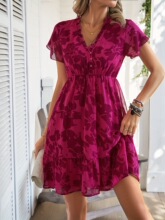 R 60441 V Neck Floral Print Summer Dress ���~߅ӡ���B��ȹ
