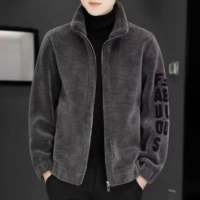 Men's Autumn/Winter Lamb Fleece Stand Collar Jacket Men's Embroidered Sweatshirt Faux Fur Lambskin Men's Outerwear