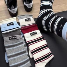 25春夏新款袜子休闲堆堆袜双罗口薄款精梳棉高颜值中筒条纹袜子女