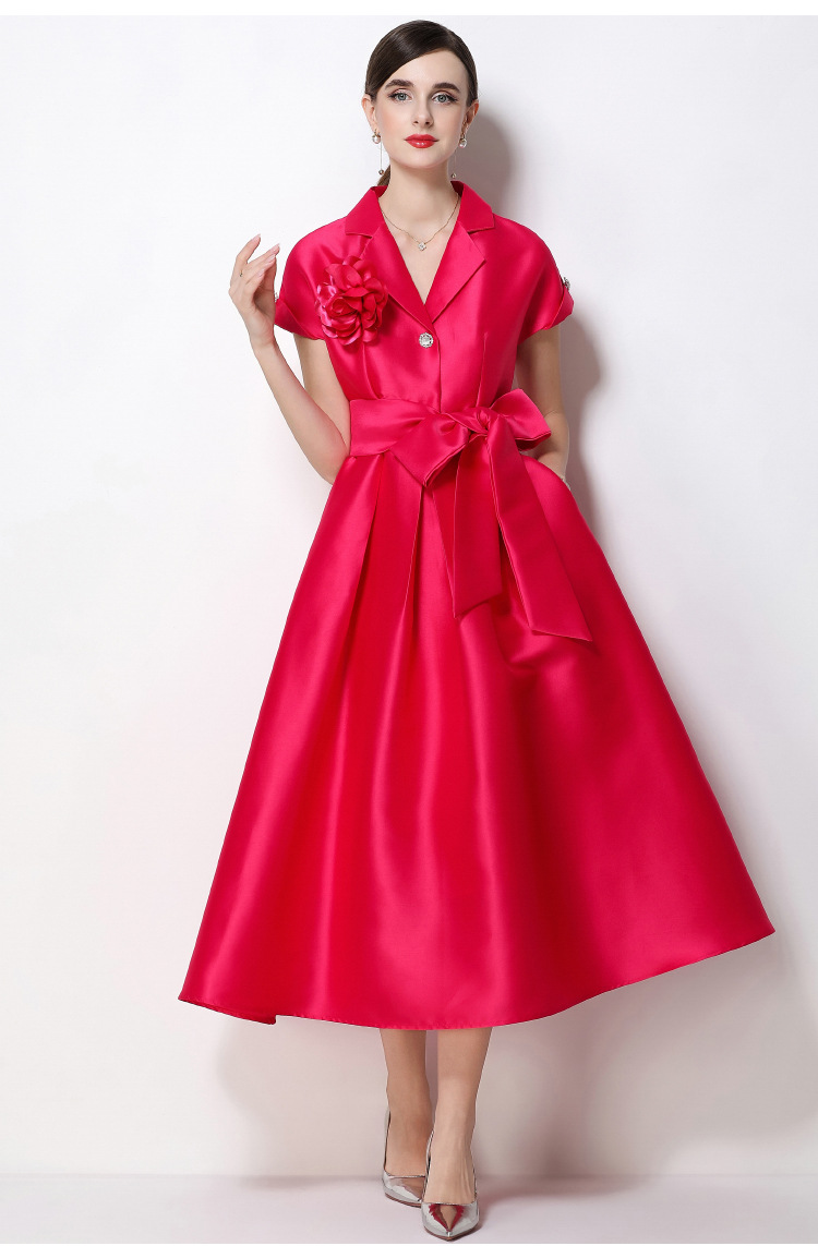 Đầm maxi nữ hoa nổi tay ngắn cổ vest thắt eo jacquard xòe — màu đen, Rượu vang đỏ, xanh lam, màu hồng đậm chi tiết 19
