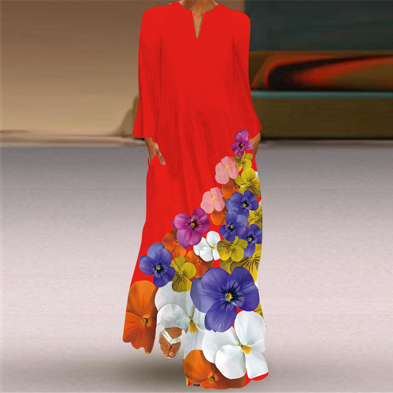 2026 European and American Amazon Spring and Summer New Women's Long Dress V-Neck Long Sleeve Pocket Printed Loose Dress
