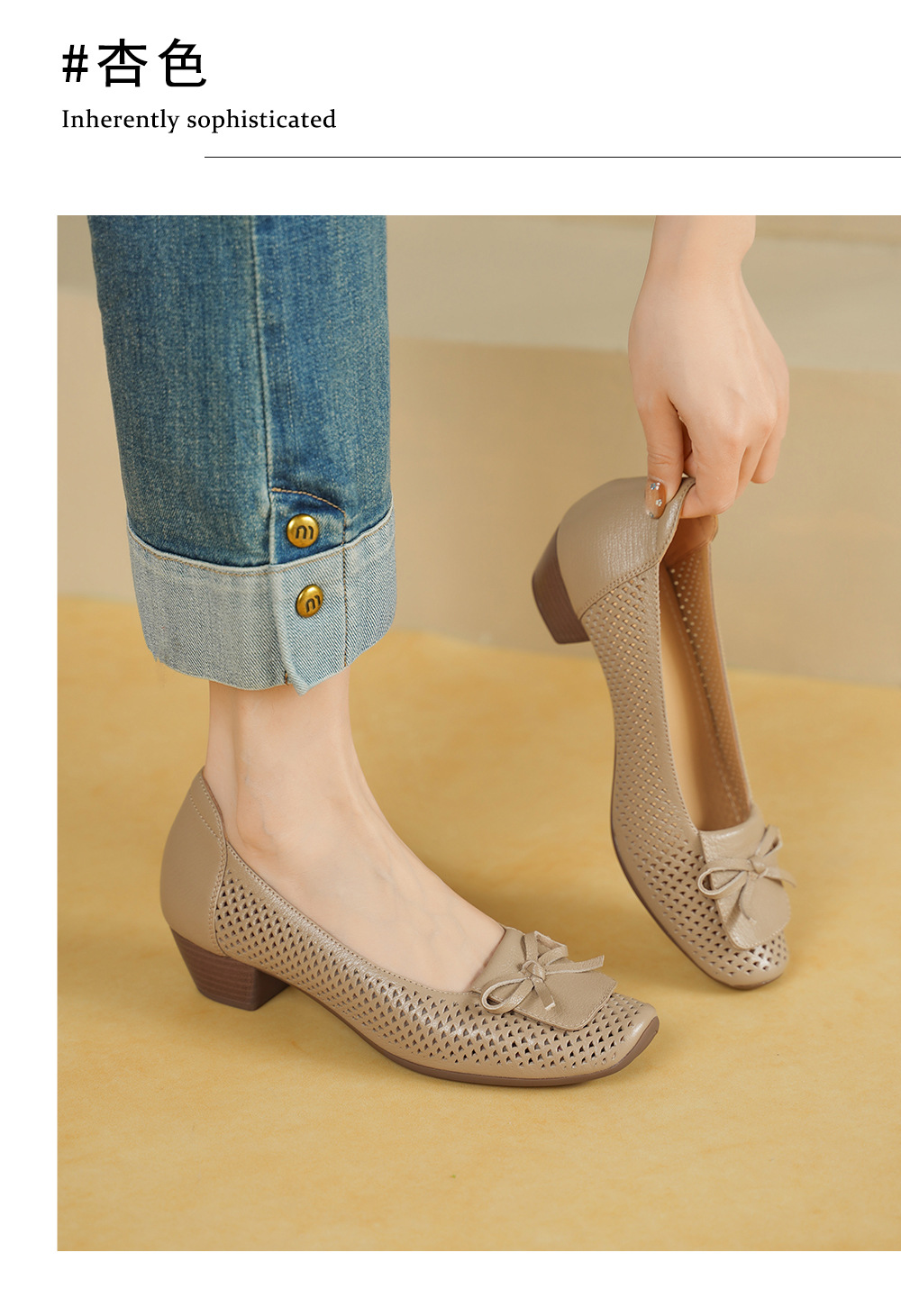 Giày cao gót nữ da cừu mũi nhọn gót vuông ổn định 3.5cm nơ bướm — màu trắng ngà chi tiết 4