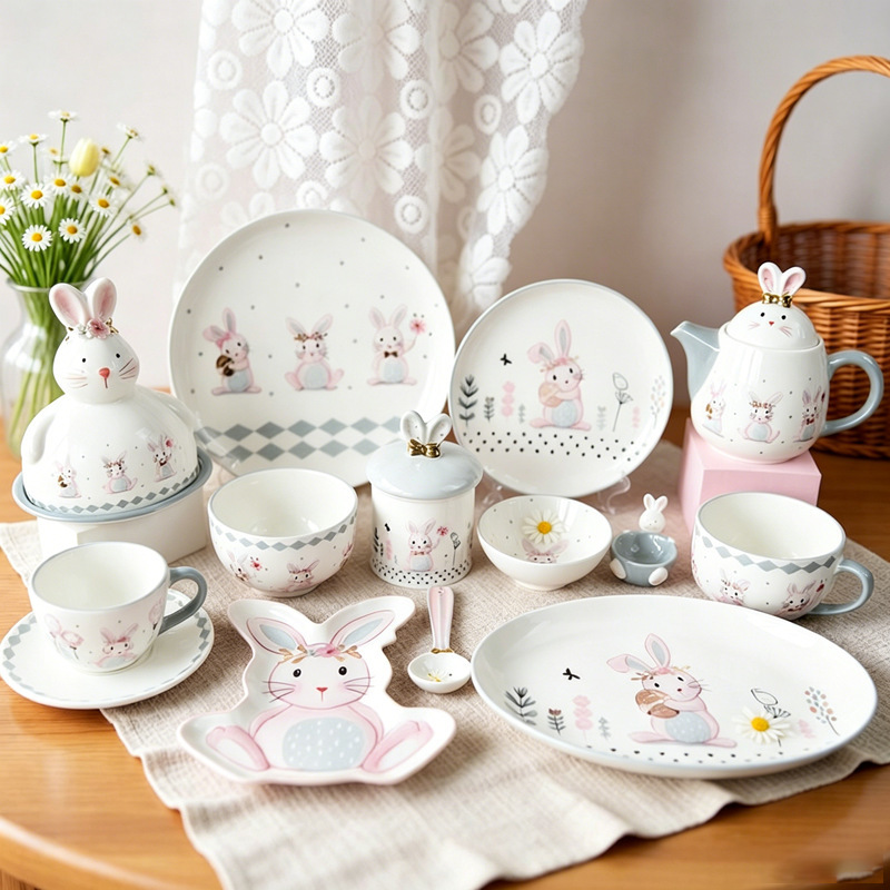 Creative Cute Rabbit Ceramic Plate and Bowl Set, Light Luxury Ceramic Embossed Tableware, Household Breakfast Salad Bowl